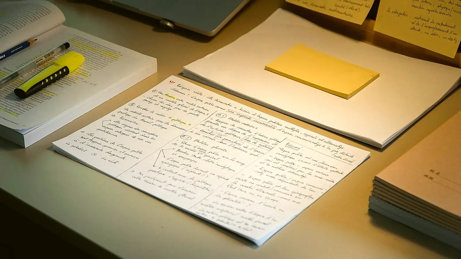 Mock interview notes on a desk beside a resume and story prompts.